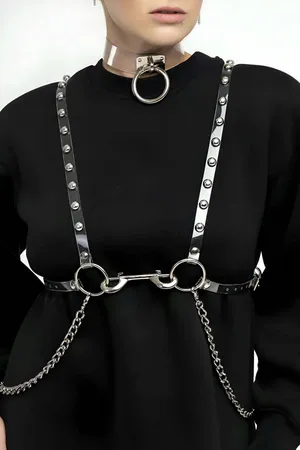 Gümüş metal detaylı şeffaf PVC vücut harness ve choker seti