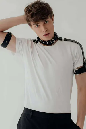 Black Faux Leather Men's Harness Adjustable Neck and Bicep Straps Silver Buckles