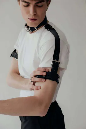 Black Faux Leather Men's Harness Adjustable Neck and Bicep Straps Silver Buckles