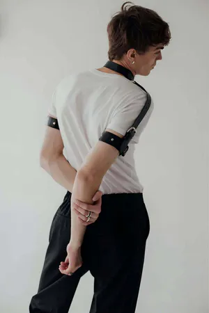 Black Faux Leather Men's Harness Adjustable Neck and Bicep Straps Silver Buckles
