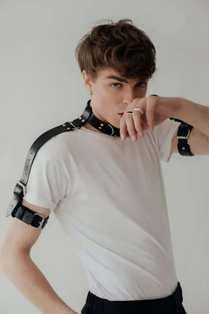 Black Faux Leather Men's Harness Adjustable Neck and Bicep Straps Silver Buckles