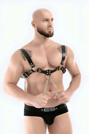 Black Faux Leather Bulldog Chest Harness with Draping Silver Chains