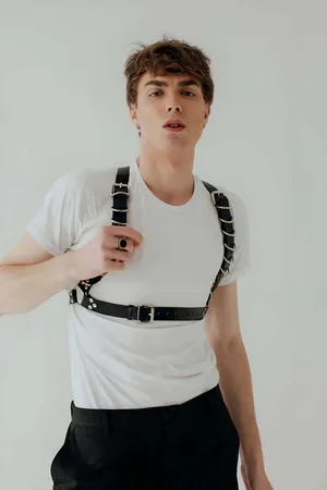 Black Faux Leather Chest Harness Men Adjustable Straps Front View