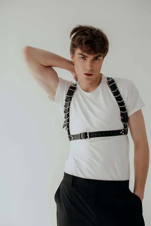 Black Faux Leather Chest Harness Men Adjustable Straps Front View