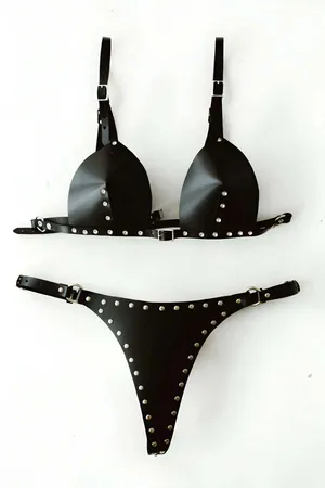Black Faux Leather Studded Bra and Thong Harness Set for Women