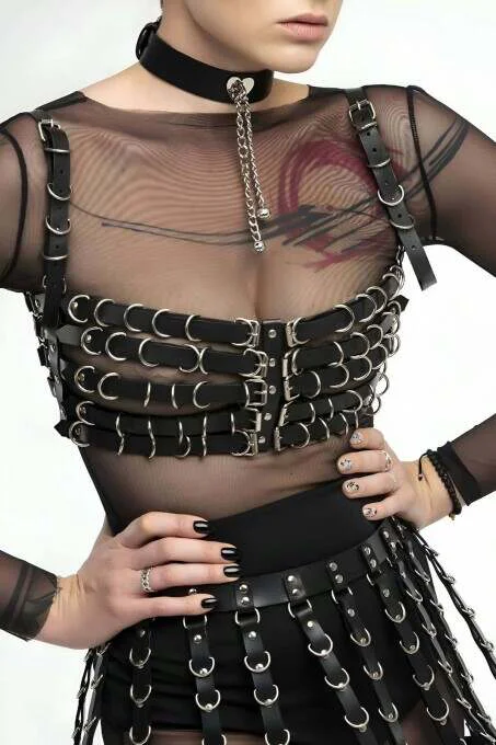 Black vegan leather chest harness with