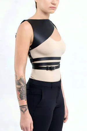 Black Asymmetrical Faux Leather Body Harness with Buckle Closures