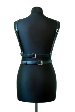 Black Faux Leather Riveted Chest Harness with Silver O-Rings and Studs