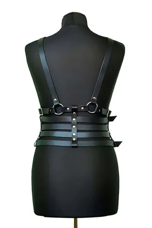 Black Faux Leather Full Body Harness with Multi-Buckle Waist and Silver O-Ring Chest Detail