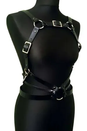 Black Faux Leather Full Body Harness Women Adjustable Straps Silver Hardware