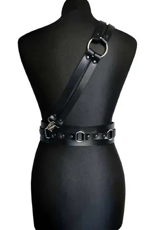Black Faux Leather Shoulder Harness Belt with Silver O-Rings