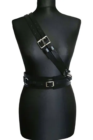 Black Faux Leather Shoulder Harness Belt with Silver O-Rings