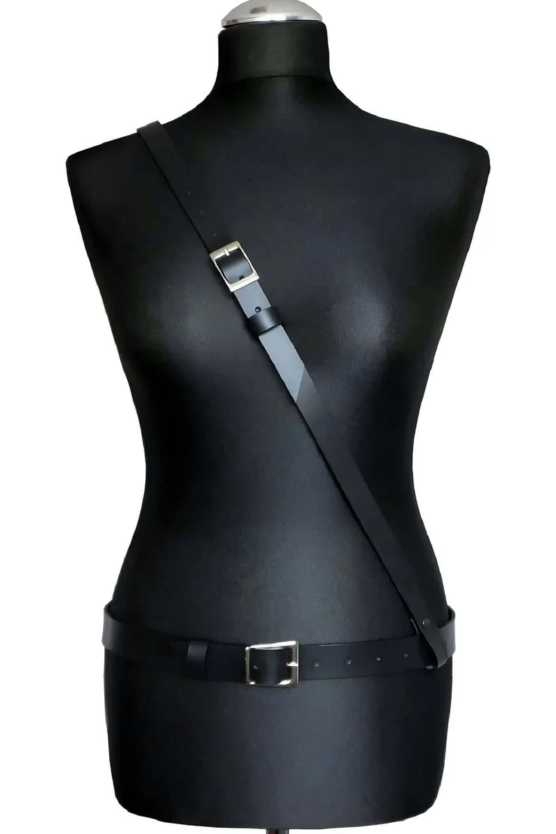 Close-up of silver-tone buckle on the adjustable waist strap of the harness.