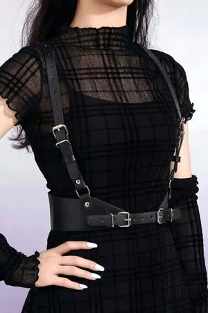 Black Faux Leather Body Harness Women Adjustable Straps Dual Buckle Waist Belt