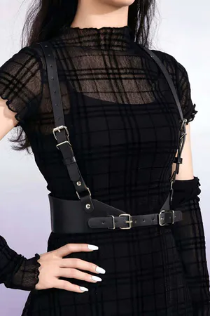 Black Faux Leather Body Harness Women Adjustable Straps Dual Buckle Waist Belt