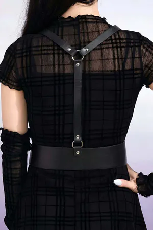 Black Faux Leather Body Harness Women Adjustable Straps Dual Buckle Waist Belt