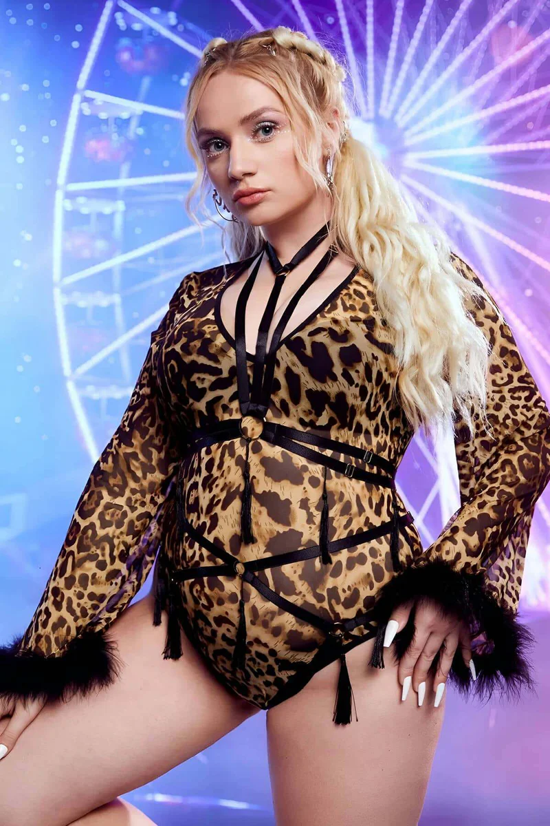 Kadın Leopar Body Harness Arka Kanca Kapatma