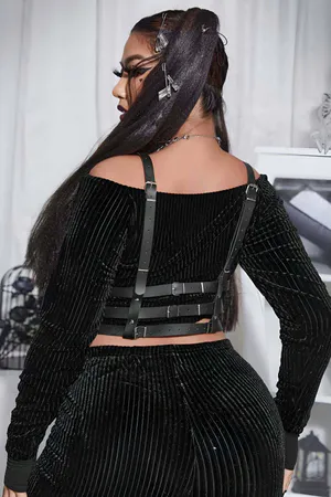 Black Faux Leather Strappy Body Harness with O-Ring
