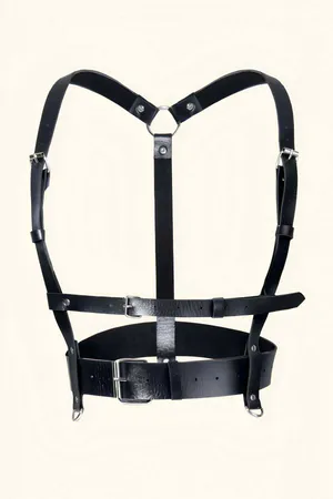 Black Faux Leather Chest Harness Women Adjustable Straps Central Buckle