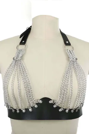 Black faux leather body harness with silver tone chain detailing across chest