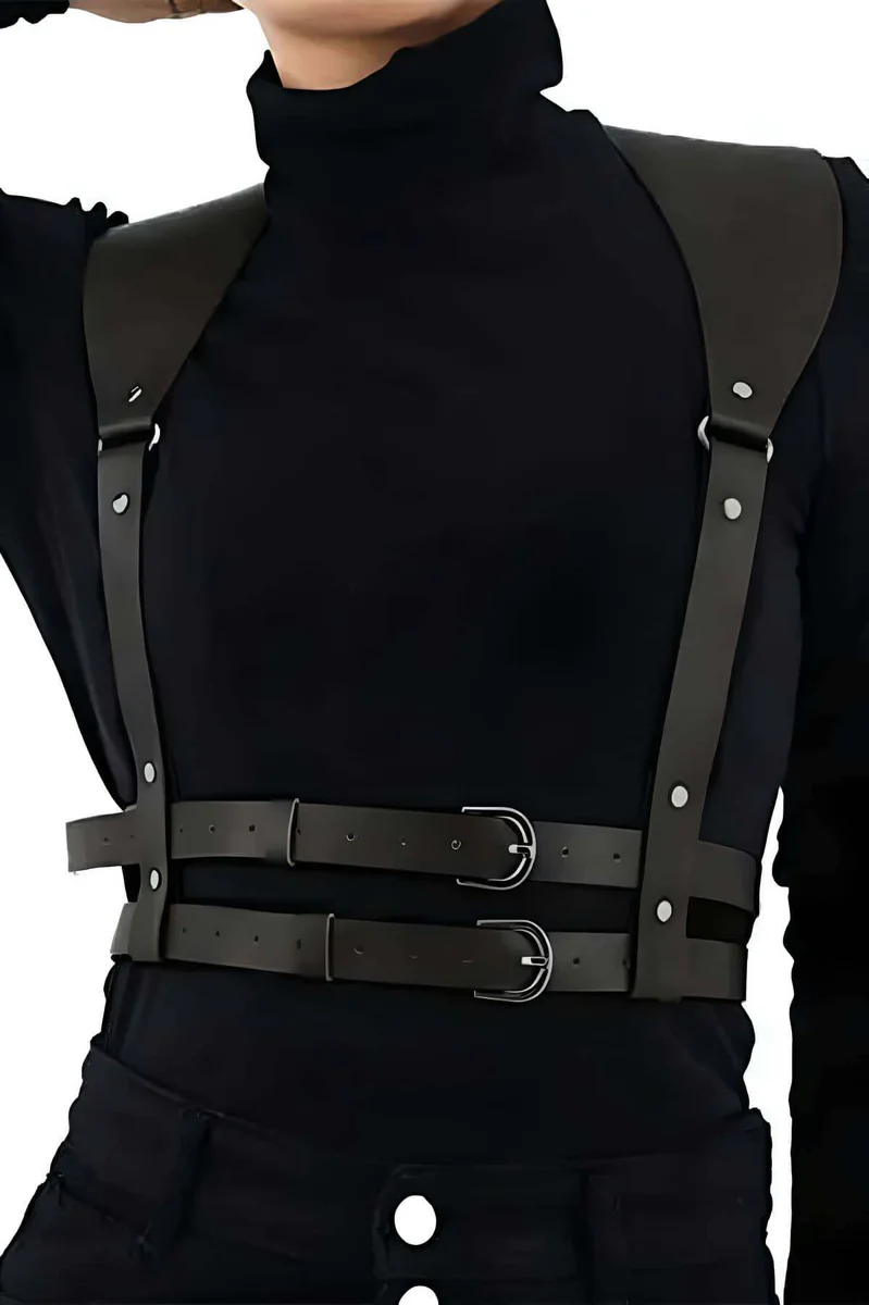 Black Faux Leather Double Buckle Chest Harness with Adjustable Straps
