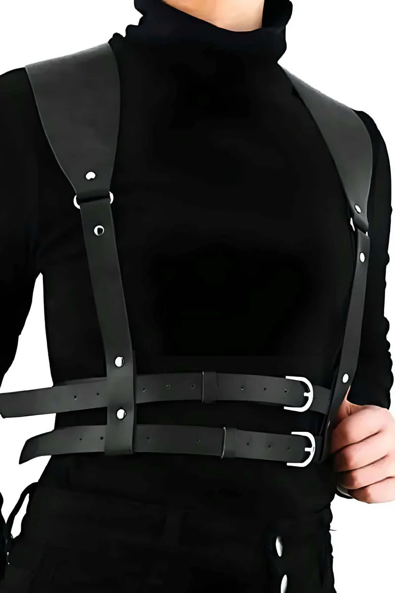 Front view black faux leather chest harness with double buckle detail