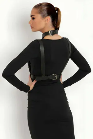 Black Faux Leather Body Harness with Silver O-Ring and Adjustable Straps
