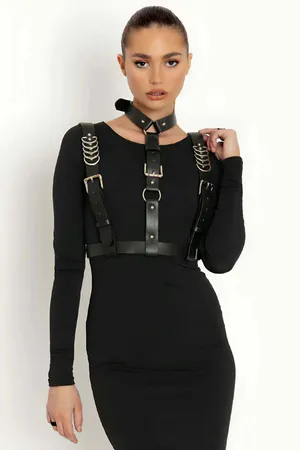 Black Faux Leather Body Harness with Silver O-Ring and Adjustable Straps