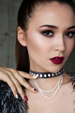 Black Faux Leather Spiked Choker with Layered Chain Detail