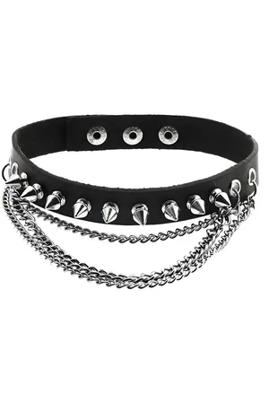 Black Faux Leather Spiked Choker with Layered Chain Detail