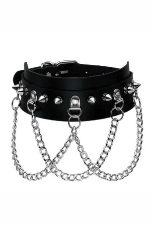 Black faux leather choker with silver spikes and dangling chains