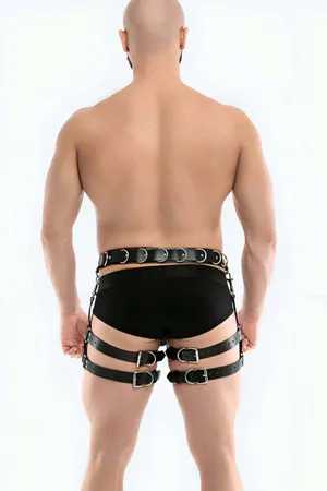 Black Faux Leather Men's Waist and Thigh Harness with Dual D-Rings Adjustable Straps