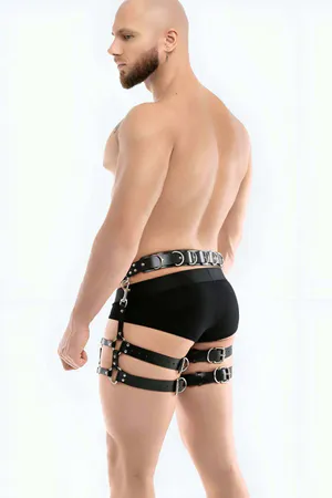 Black Faux Leather Men's Waist and Thigh Harness with Dual D-Rings Adjustable Straps