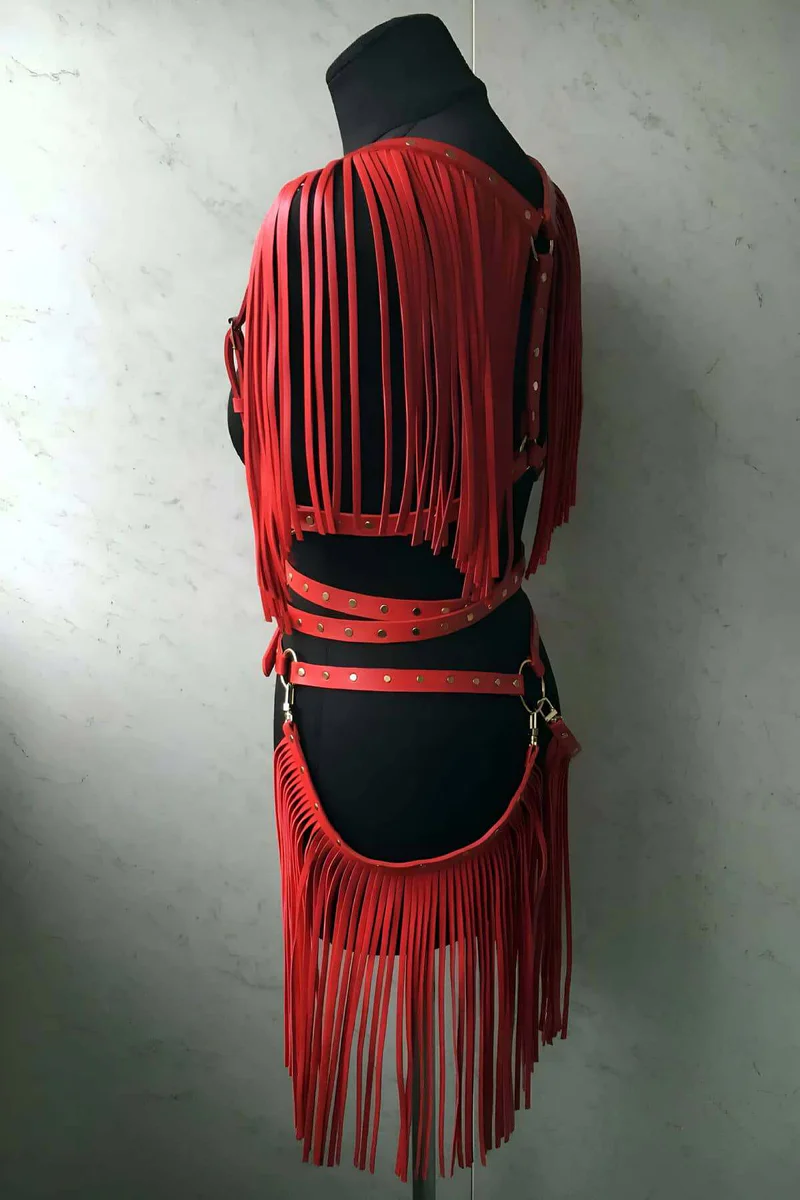 Red Faux Leather Fringe Harness