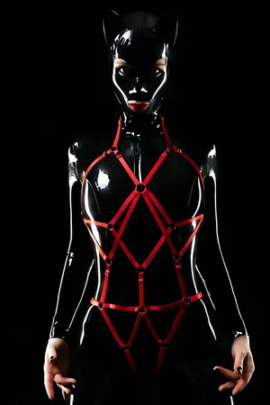 Kırmızı elastik full body harness kadın siyah parlak kumaş üzerine geometrik örgü desenli