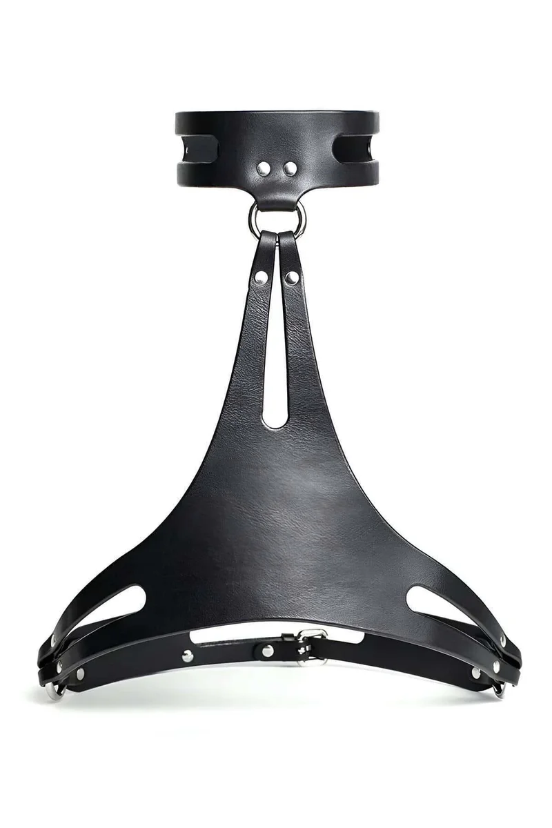 Black faux leather chest harness close-up o-ring hardware strap detail