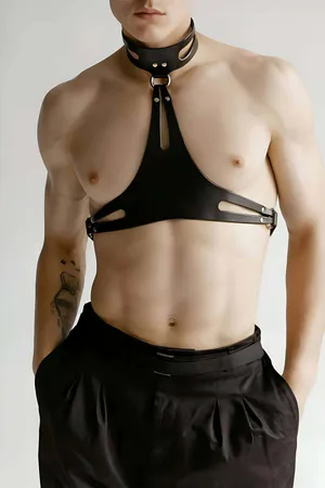 Black Faux Leather Chest Harness Choker Women Adjustable Straps