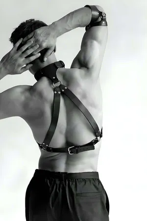 Black Vegan Leather Chest Harness with O-Rings and Arm Cuffs Set on model