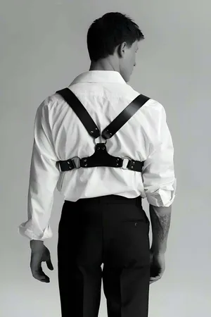 Black Faux Leather Underbust Harness Silver Buckles White Shirt