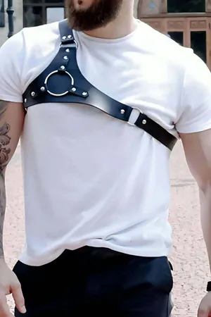 Black Vegan Leather O-Ring Shoulder Harness with Adjustable Strap