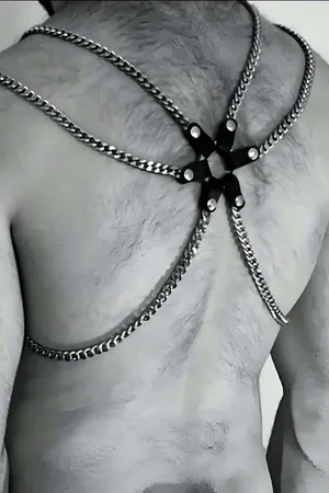 Black Faux Leather Chest Harness with Silver Curb Chains on a Model
