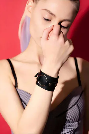 Black Faux Leather Wrist Cuff with Silver Metal Ring Detail Women's Adjustable Bracelet
