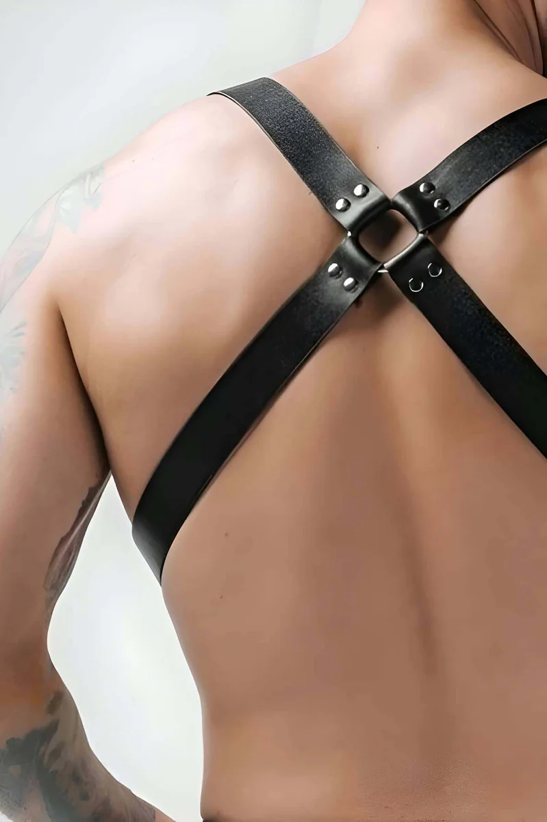 Black faux leather body harness silver d-ring detail front view