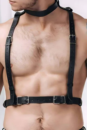 Black Faux Leather Chest Harness with Choker on a Male Torso