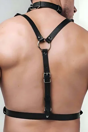 Black Faux Leather Chest Harness with Choker on a Male Torso