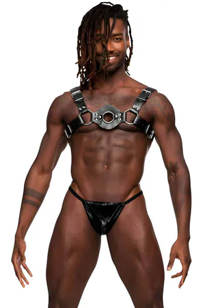 Black Faux Leather Harness with Center O-Ring Detail and Adjustable Straps
