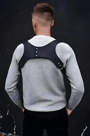 Black Faux Leather Chest Harness with Adjustable Shoulder Straps and Buckles