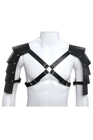 Black Faux Leather Shoulder Armor Harness with Layered Plates and Buckle Straps