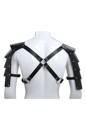 Black Faux Leather Shoulder Armor Harness with Layered Plates and Buckle Straps