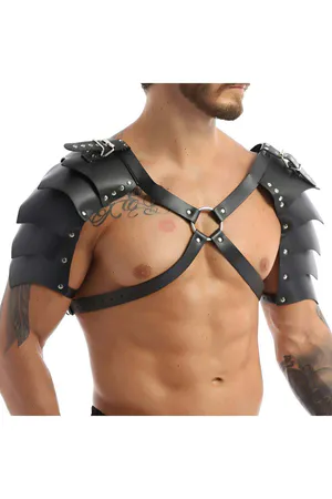 Black Faux Leather Shoulder Harness with O-Ring and Segmented Plates